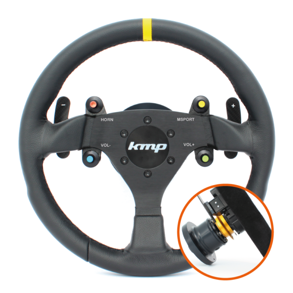 KMP Pro-Line steering wheel for BMW E9X M3, black leather with silver accents, sporty design, mounted on car dashboard.
