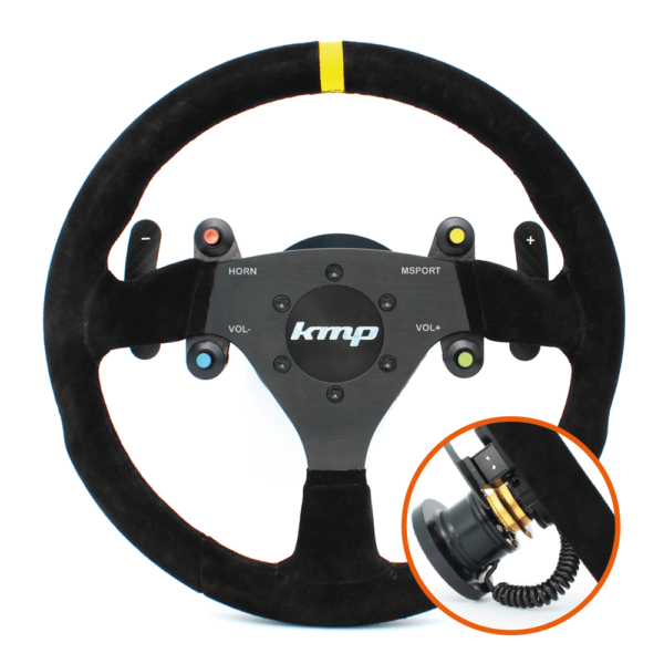KMP Pro-Line BMW E9X M3 steering wheel with leather grip and sporty design, shown from a front view.