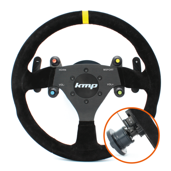 KMP Pro-Line steering wheel for BMW E9X M3, black with silver accents, sporty design, and textured grip for enhanced driving experience.