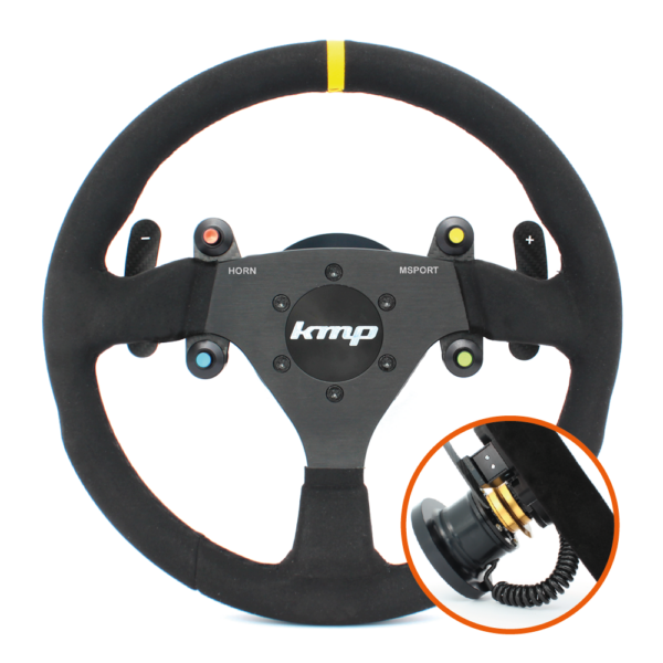 KMP Drivetrain Pro-Line BMW E9X M3 steering wheel with black leather grip and silver accents, showcasing sporty design and textured surface.