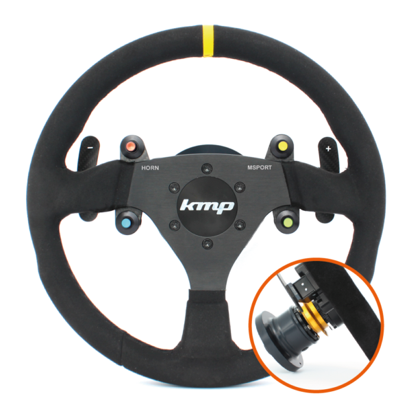KMP Pro-Line BMW E9X M3 steering wheel with sporty design and textured grip, perfect for performance upgrades.