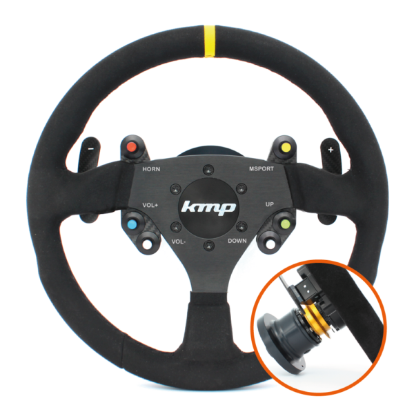 KMP Pro-Line BMW E9X M3 steering wheel with black leather and red stitching, featuring a sporty design and mounted controls.