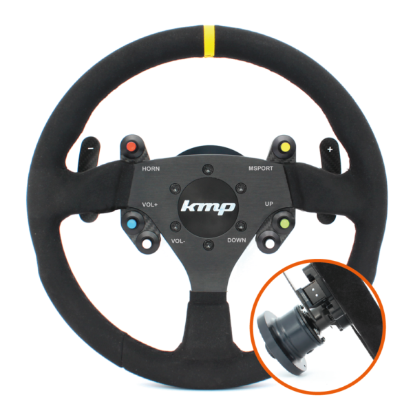 KMP Pro-Line steering wheel for BMW E9X M3, black leather with silver accents, ergonomic design, mounted on a vehicle steering column.