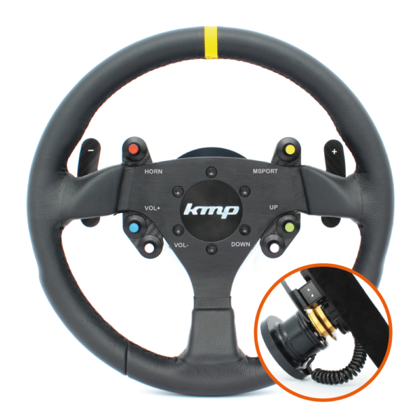 KMP Pro-Line BMW E9X M3 steering wheel with black grip and silver accents, mounted on a car dashboard.