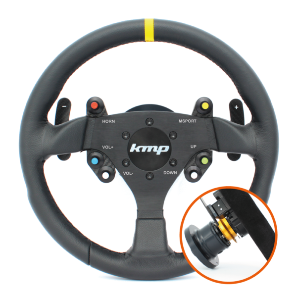 KMP Pro-Line BMW E9X M3 steering wheel with black leather grip and silver accents for enhanced driving control.