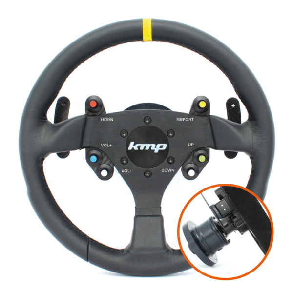 KMP Pro-Line steering wheel for BMW E9X M3, black leather with silver accents, ergonomic design for sporty driving.
