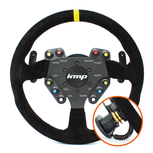 KMP Pro-Line BMW E9X M3 steering wheel with black leather and silver accents, ergonomic design, and mounted control buttons.