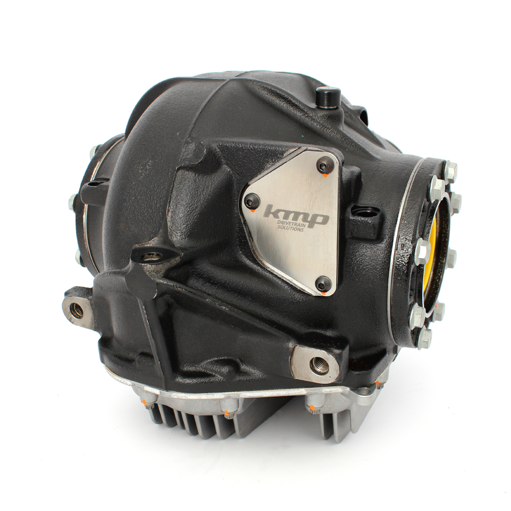 KMP BMW F8X Drexler Differential showing the front view with detailed gears and metal housing for enhanced vehicle performance.