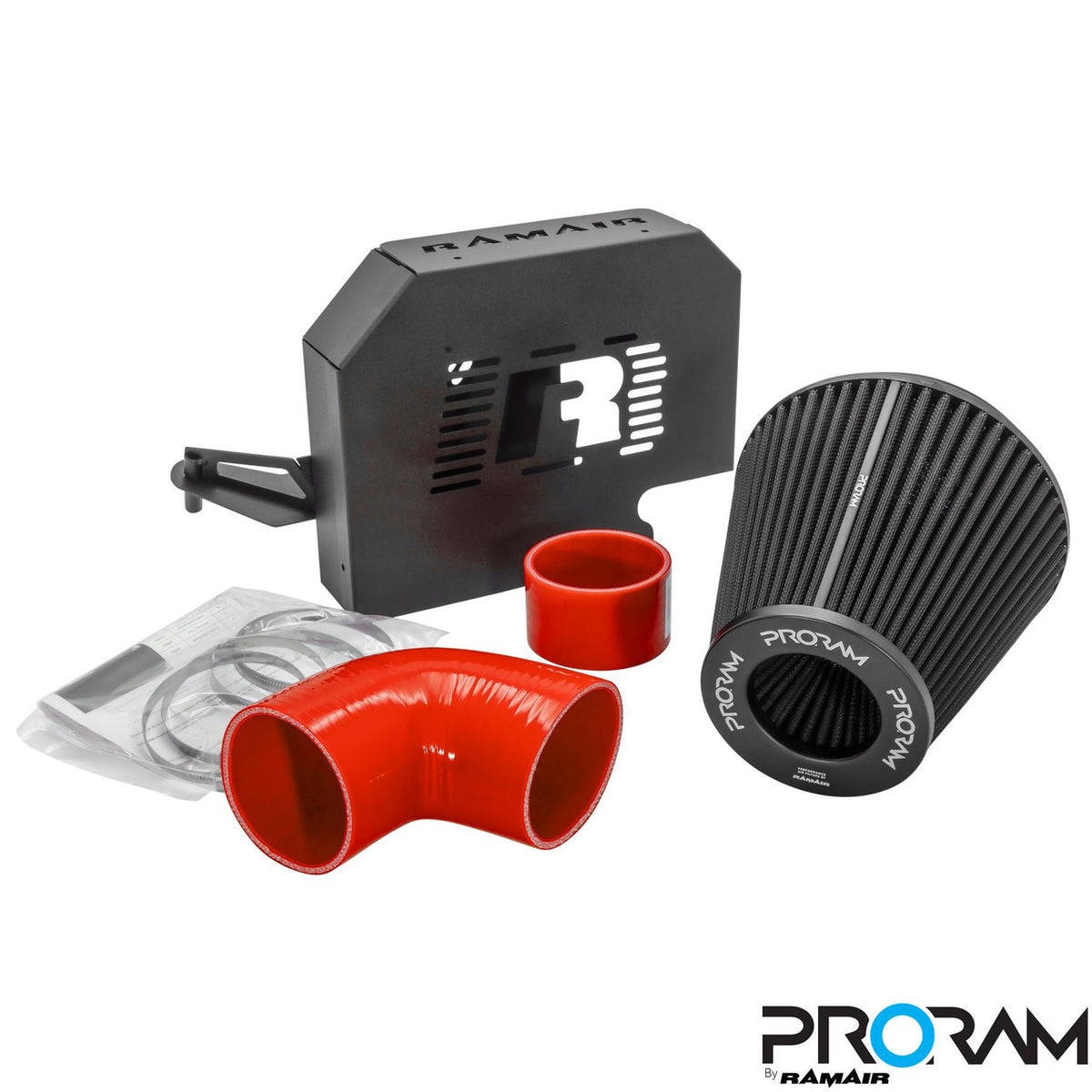 Ramair PRORAM performance induction kit in red for Ford Focus ST 225, featuring ECU holder and air intake components.