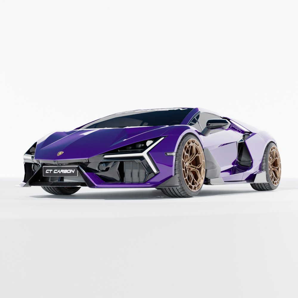 CT Carbon Lamborghini Revueltto matte carbon fiber front splitter showing aerodynamic design and sleek finish.