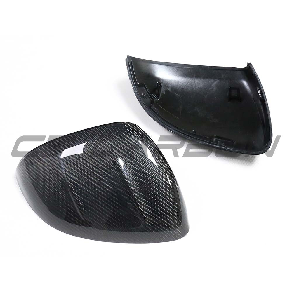 Mercedes C Class W206 2021-2023 dry carbon fiber mirror cover replacements by CT Carbon, showing sleek mirror caps.