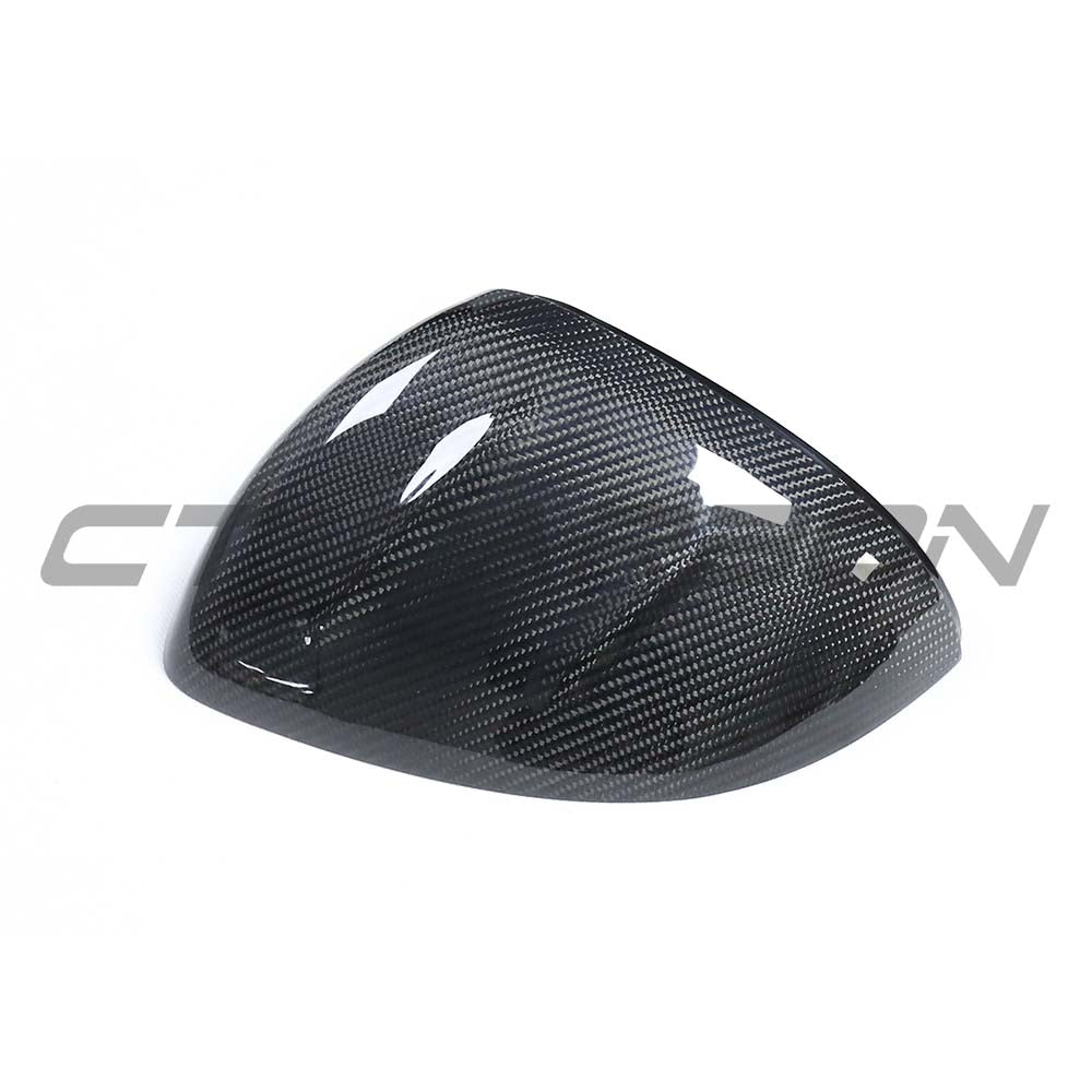 Mercedes C-Class W206 2021-2023 dry carbon fiber mirror covers by CT Carbon, showcasing sleek, lightweight replacement mirror caps.
