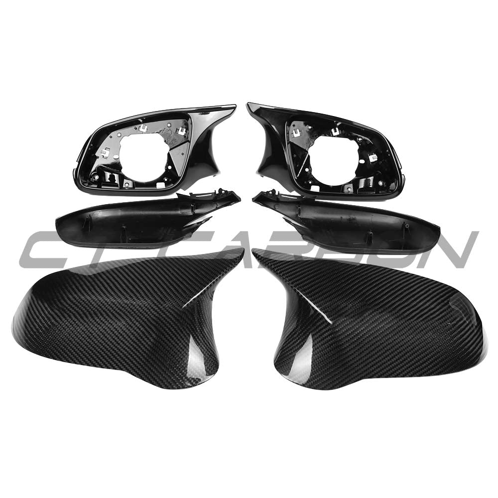 BMW F30 3 Series 2011-2018 dry carbon fiber mirror covers by CT Carbon, showcasing sleek, lightweight mirror enhancements.