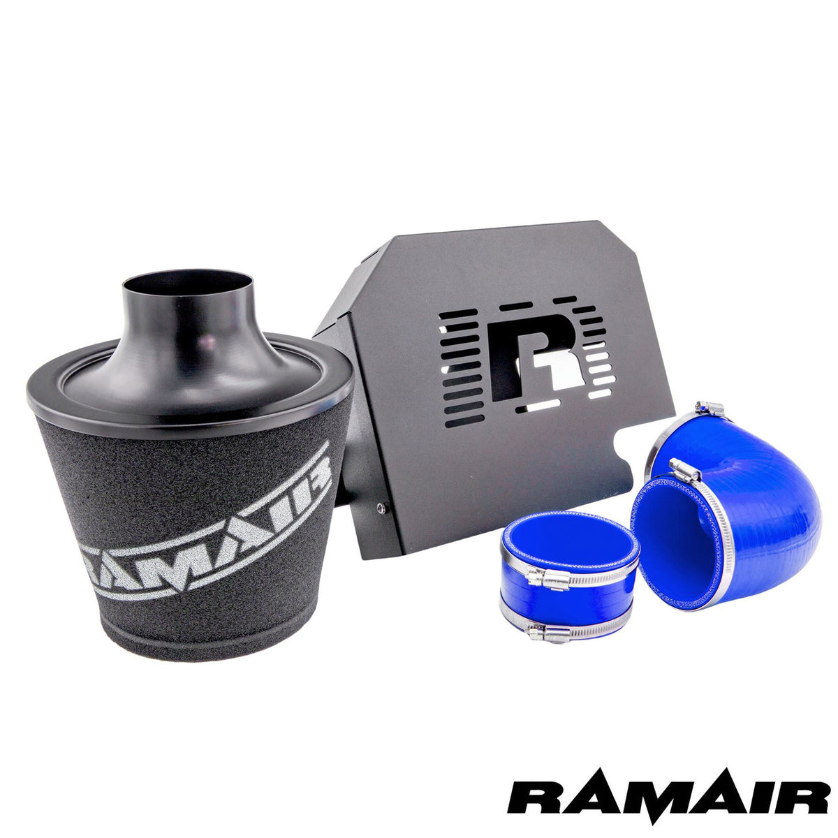 Ramair Ford Focus ST 225 blue performance induction kit with ECU holder, showcasing the high-flow air intake system.