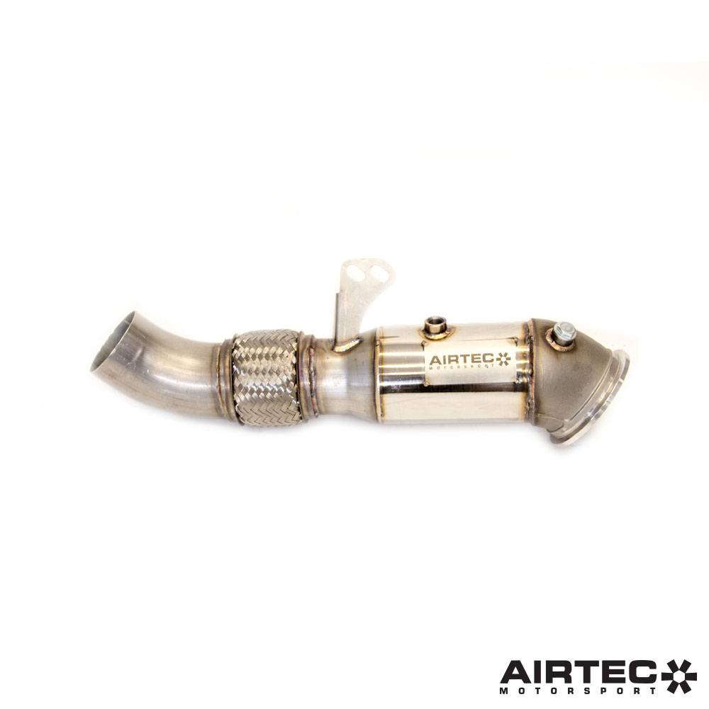 Airtec Motorsport de-cat downpipe for BMW B58 engine, showcasing the polished stainless steel pipe with mounting flanges.