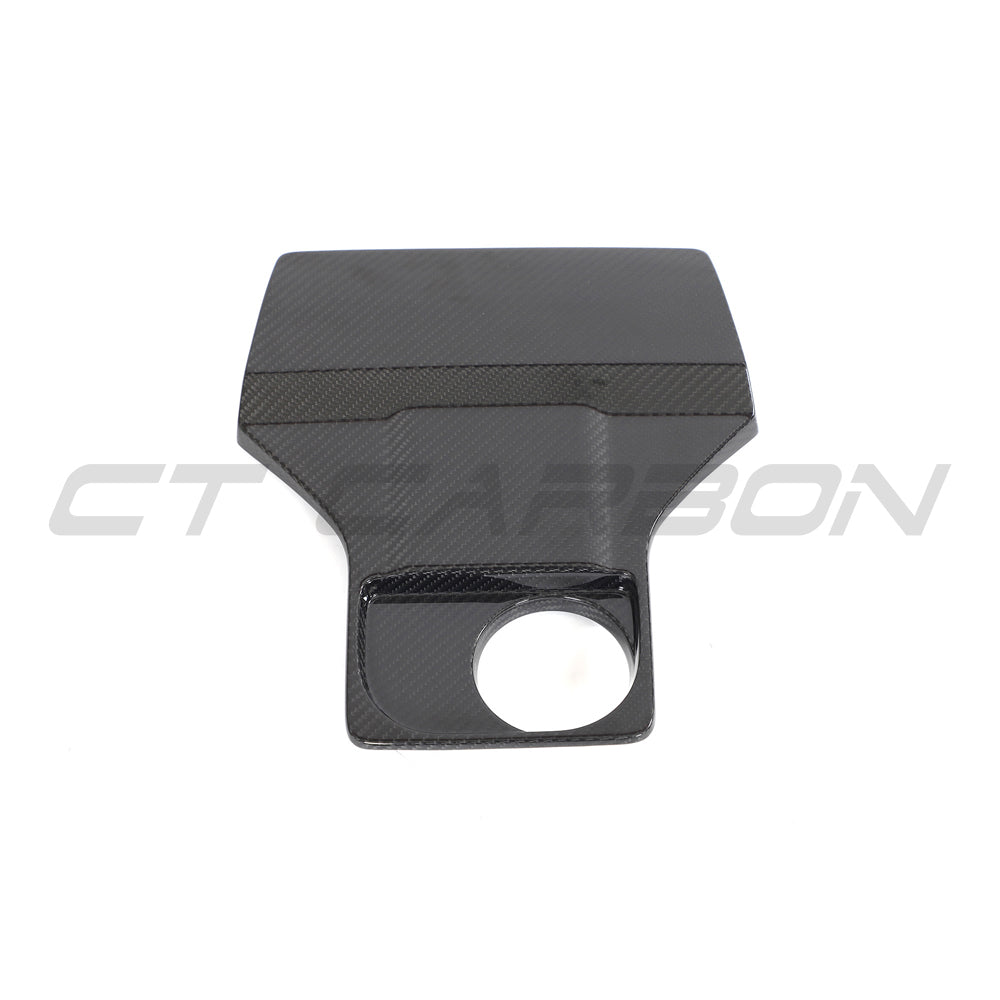 CT Carbon Audi R8 Coupe 2015-2024 carbon fiber engine and air box cover, close-up of sleek, lightweight automotive accessories.