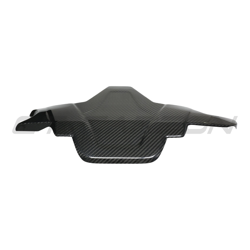 BMW F90 M5 and M8 carbon fiber lower engine bay cover by CT Carbon, lightweight performance accessory, detailed view of the engine bay.