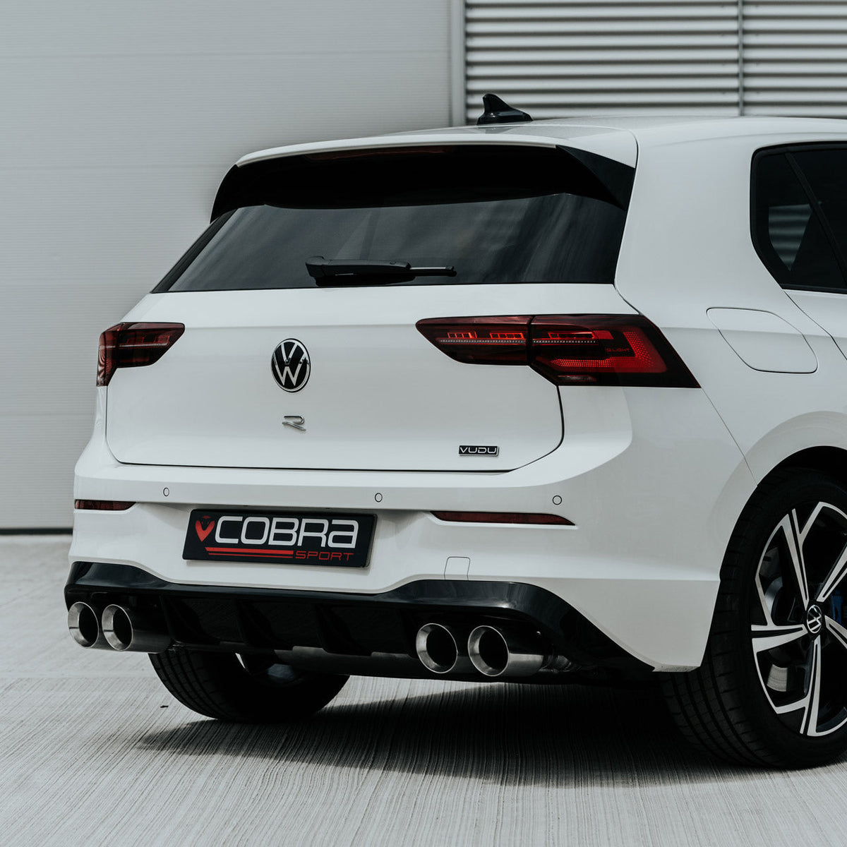 Cobra Sport VW Golf R Mk8 2.0 TSI turbo back performance exhaust with valved twin pipes and polished metal finish.