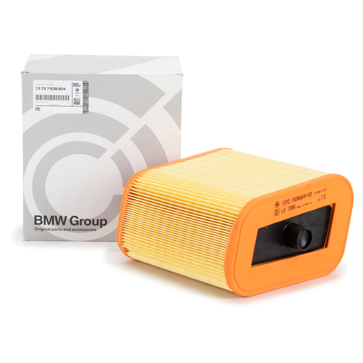 Genuine BMW E90 E92 E93 M3 panel air filter with part number 13727838804, showing the clean, pleated filter element.