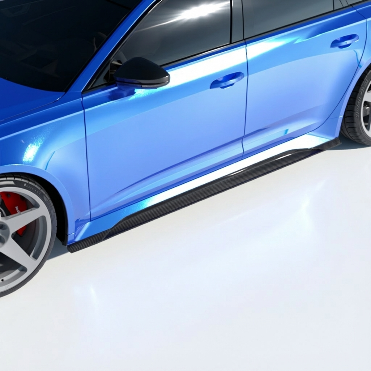 Carbon fiber side skirts for Audi RS6 and RS7 C8 Avant by CT Design V2, shown on a sleek vehicle.