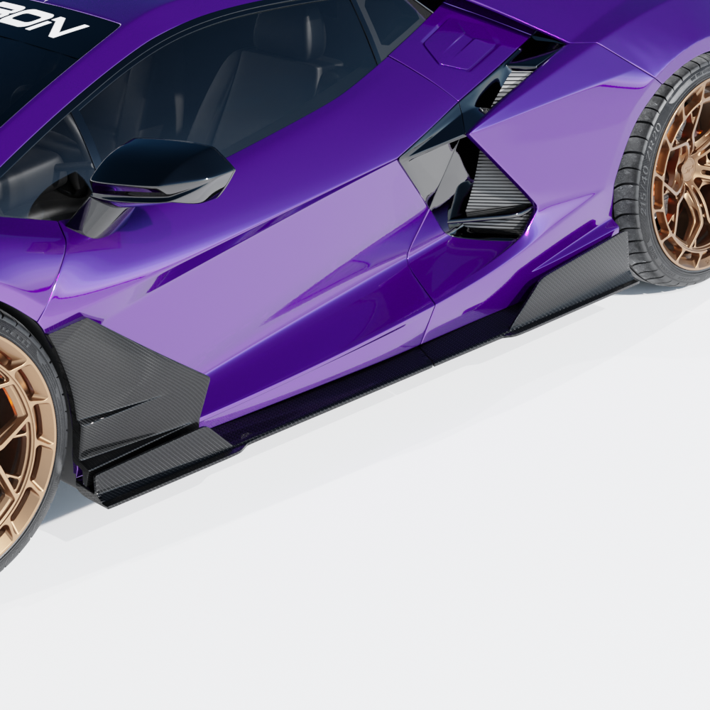 Lamborghini Revueltto matte carbon fiber side skirts by CT Carbon, showcasing sleek, textured automotive door trim design.