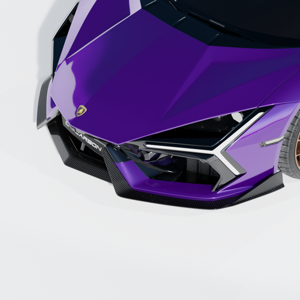 CT Carbon Lamborghini Revueltto matte carbon fiber front splitter, aerodynamic car accessory, detailed close-up view.