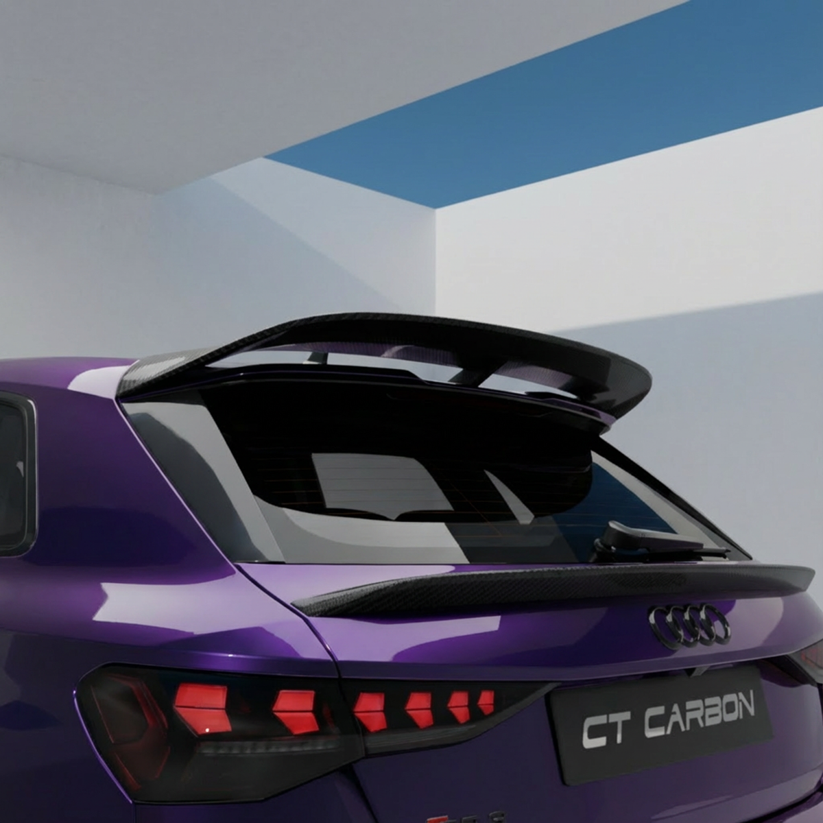 Carbon fiber spoiler for Audi A3/S3/RS3 8Y Sportback, CT Design V3, enhancing sporty appearance and aerodynamics.