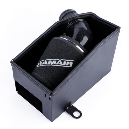 Ramair cone air filter induction kit installed in Audi RS3 8V TTRS 2.5 TFSI, showing the black filter and intake tubing.