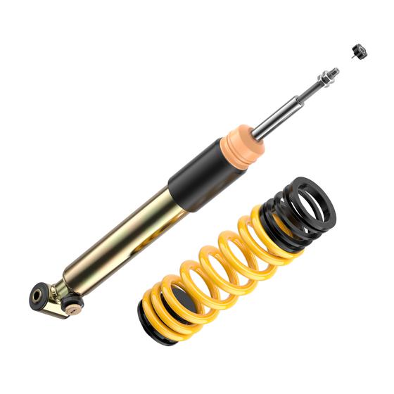ST Suspension XTA PLUS coilovers with adjustable damping and top mounts installed on a BMW E92 M3, showing the coilover components.