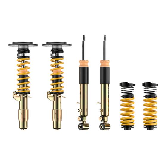 ST Suspension ST XTA PLUS coilovers for BMW F80 M3, F82 M4, and F83 M4 with adjustable damping and top mounts.
