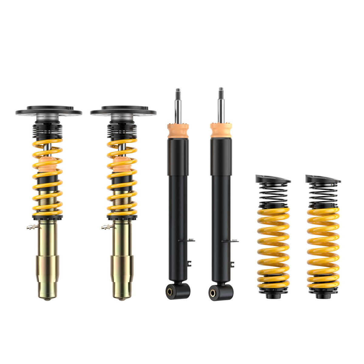 ST Suspension coilovers for BMW F80 M3, F82 M4, F83 M4 with adjustable damping and top mounts, showing the coilover assembly.