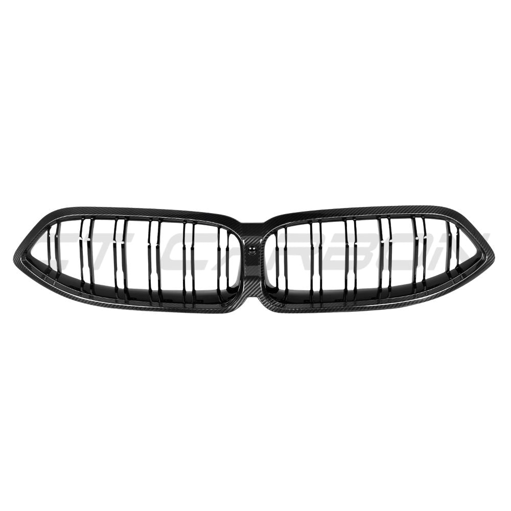 BMW 8 Series G14/G15/G16 LCI 2023+ CT Carbon carbon fibre double slat grille installed on the front of the vehicle.