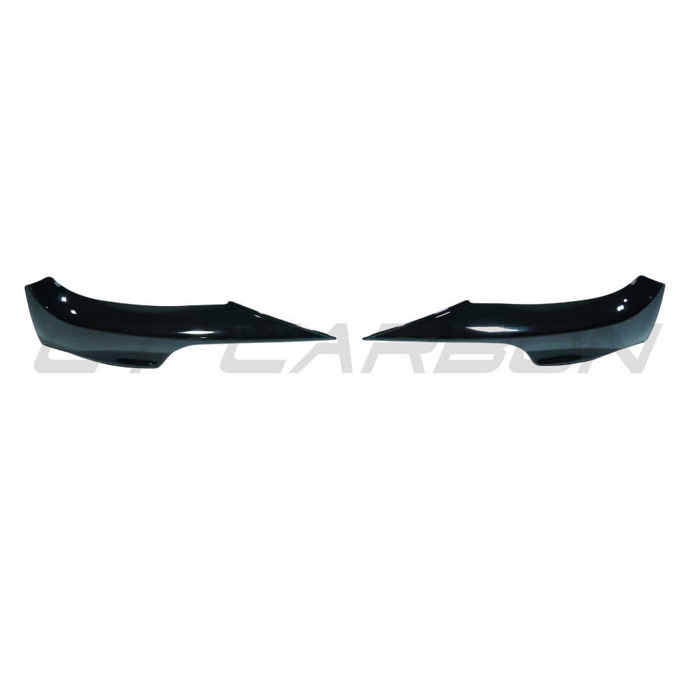 BMW E92/E93 3 Series 2006-2009 pre-LCI gloss black splitter corners by CT Carbon, showing close-up of aerodynamic splitters.