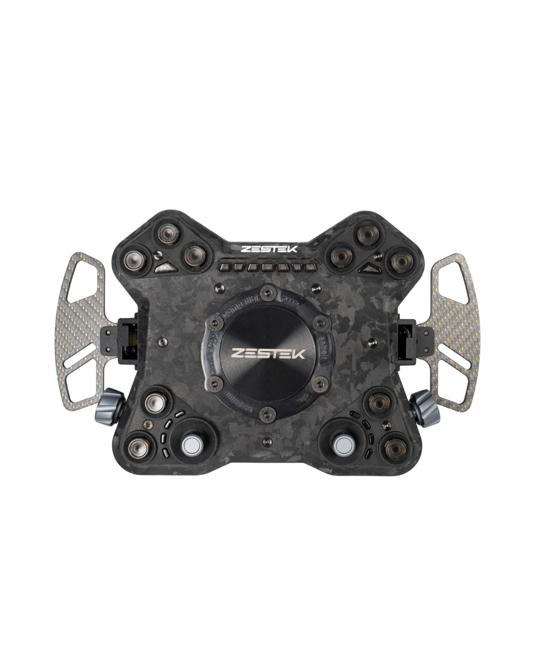 Zestek Racing SCX Toyota GR Yaris Gen1 steering wheel control panel with integrated buttons and controls on the black steering wheel.