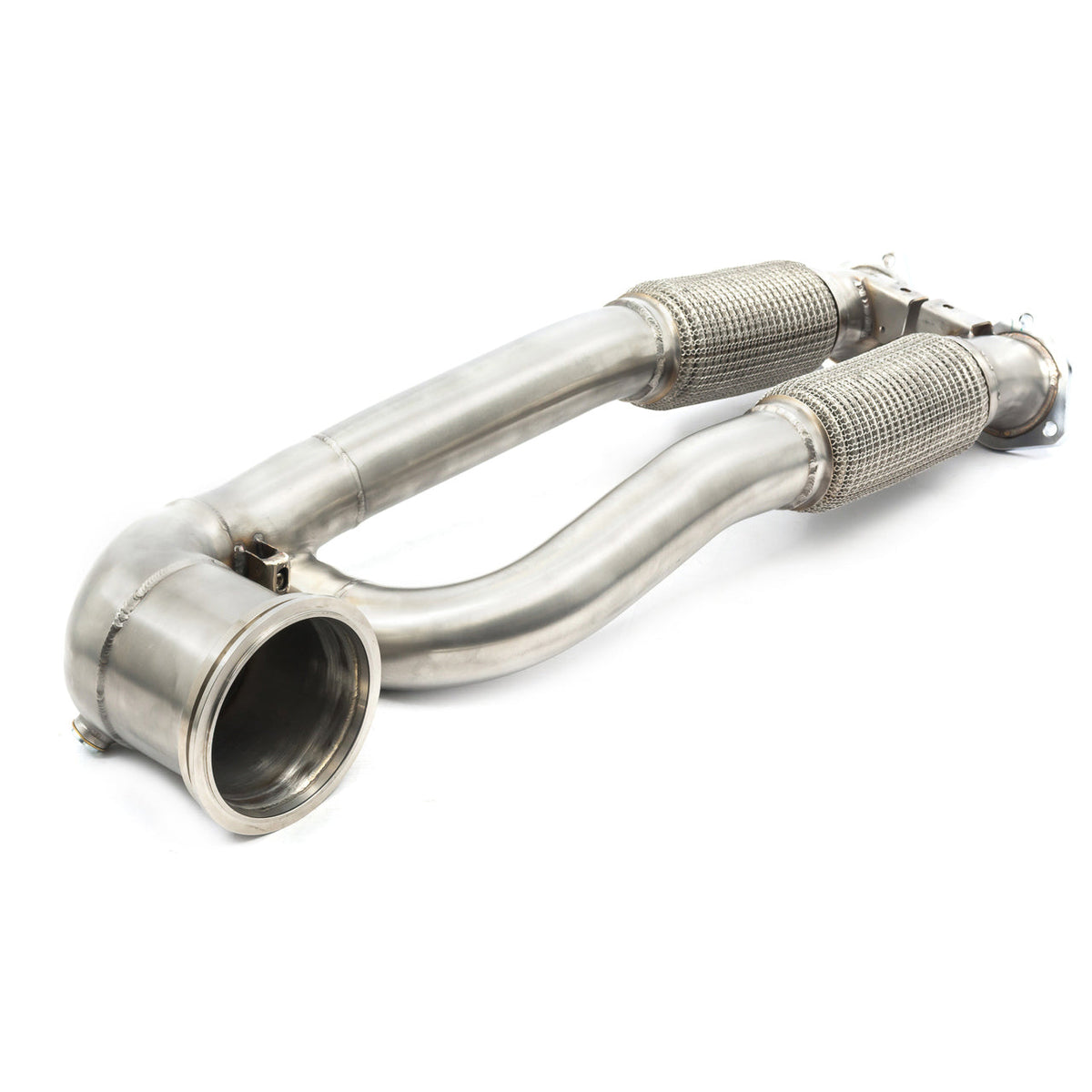 Cobra Sport Audi RS3 8V primary de-cat downpipe showing polished metal pipe with flanges and connectors for exhaust upgrade.