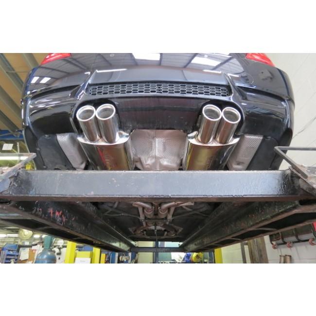 Cobra Sport BMW M3 (E90, E92, E93) rear axle back performance exhaust with dual polished tips, mounted on the vehicle.