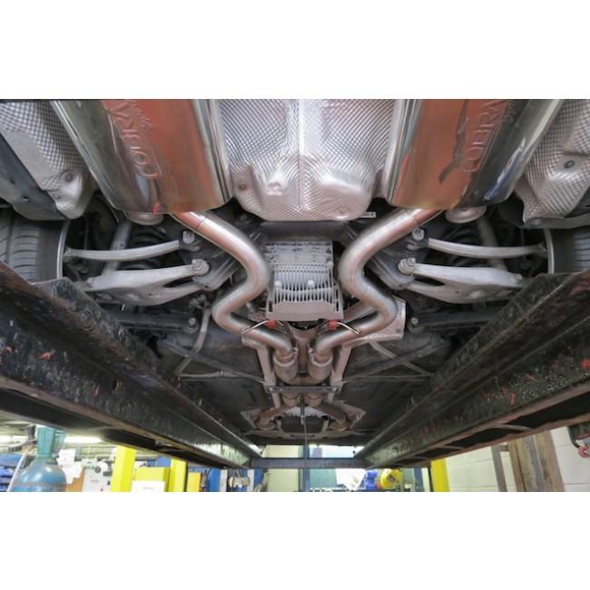 Cobra Sport BMW M3 E90 E92 E93 rear axle back performance exhaust with chrome tips installed on a 2013 model.