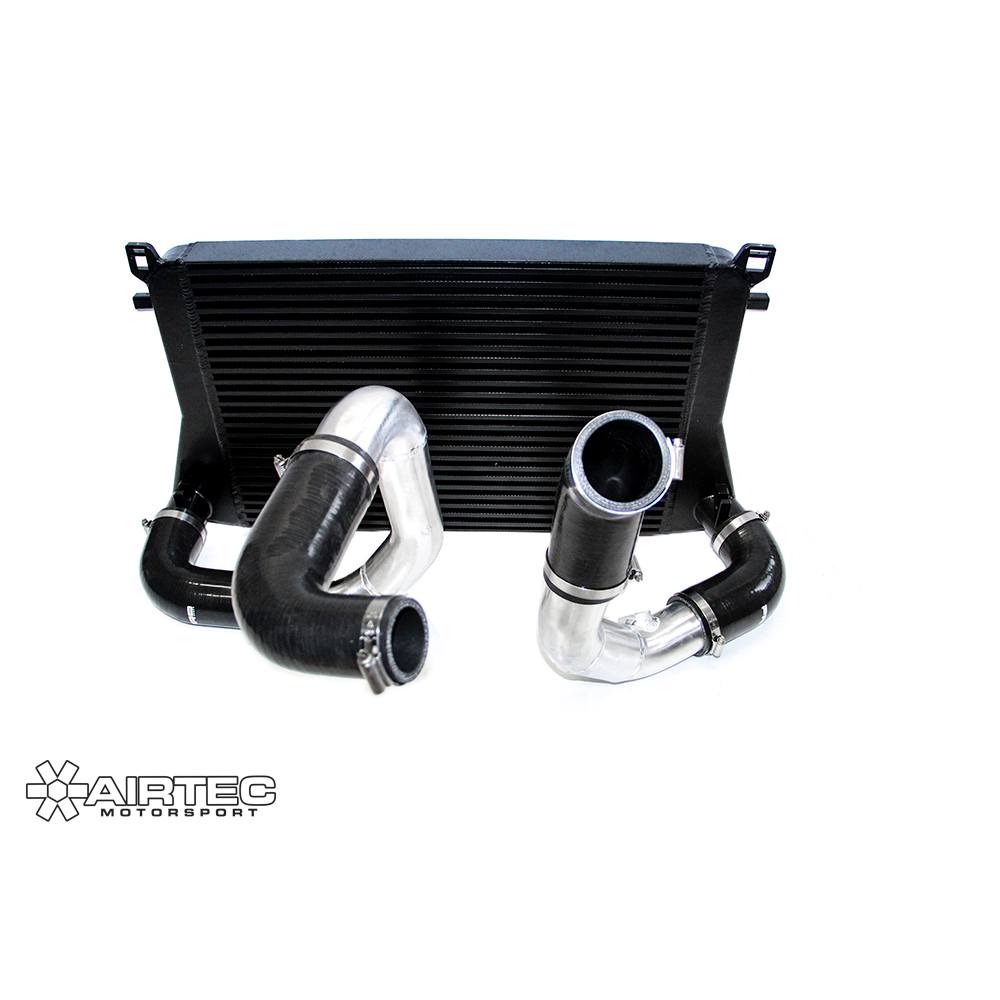 Airtec Motorsport EA888 MQB platform intercooler and big boost pipe hoses, showcasing high-performance engine cooling components.