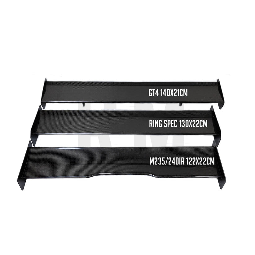 Ridgeline Motorsport Wing V2 spoiler made of dry carbon with autoclaved pre-preg construction, designed for enhanced aerodynamics.