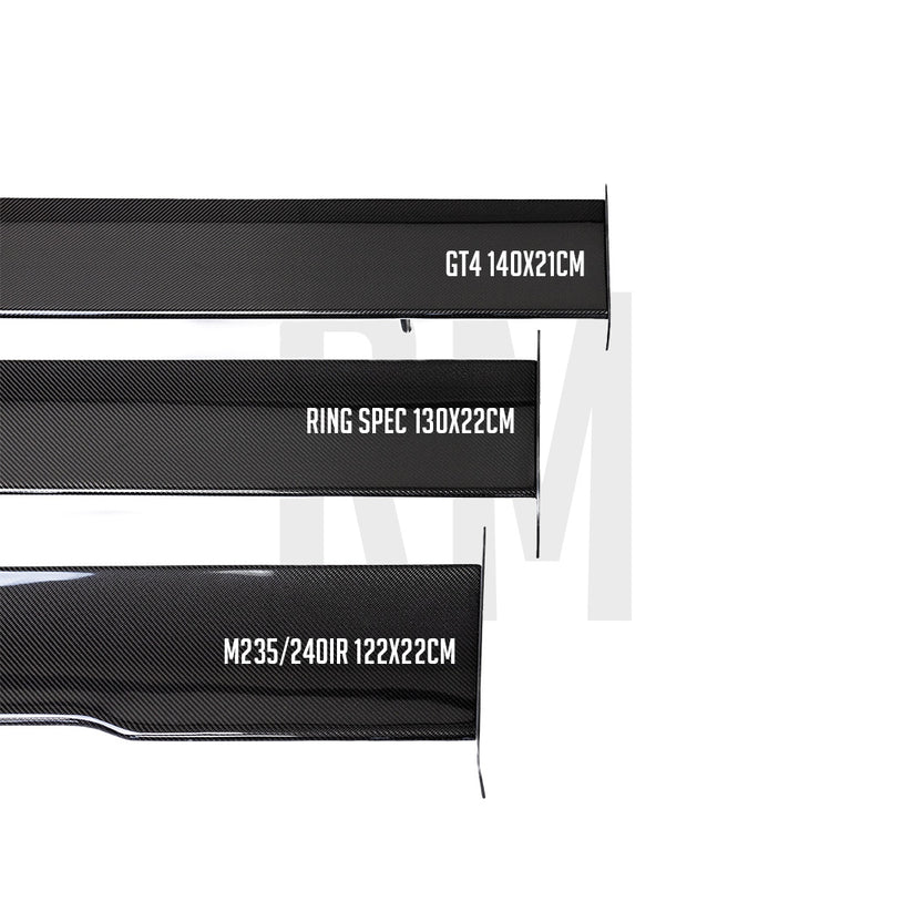 Ridgeline Motorsport Wing V2 spoiler in dry carbon fiber with sleek aerodynamic design, mounted on a sports car.