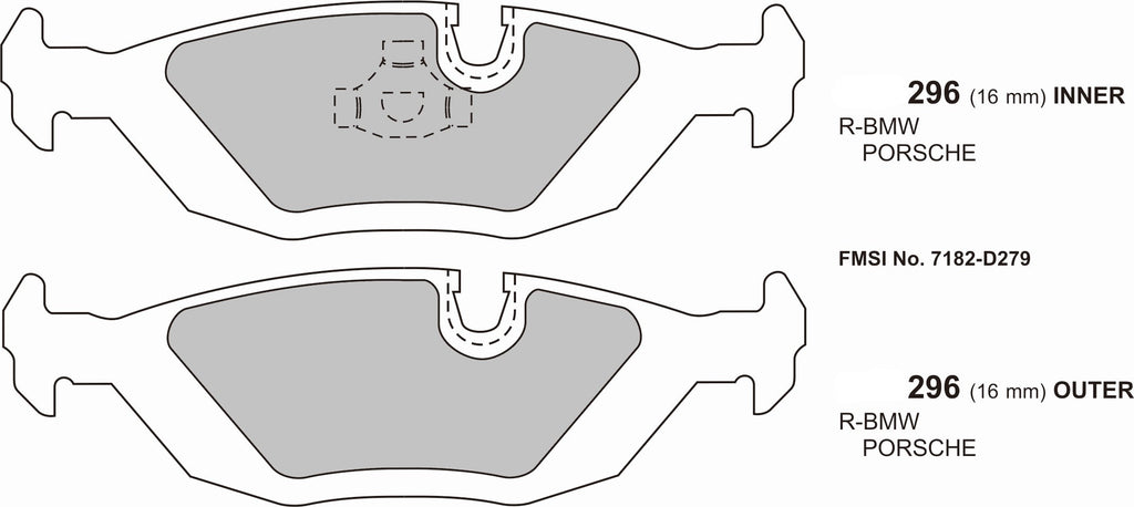 BMW E28 5 Series PBS Performance Brake Pads, model 0296, showing metallic brake pad with branding details and wear pattern.
