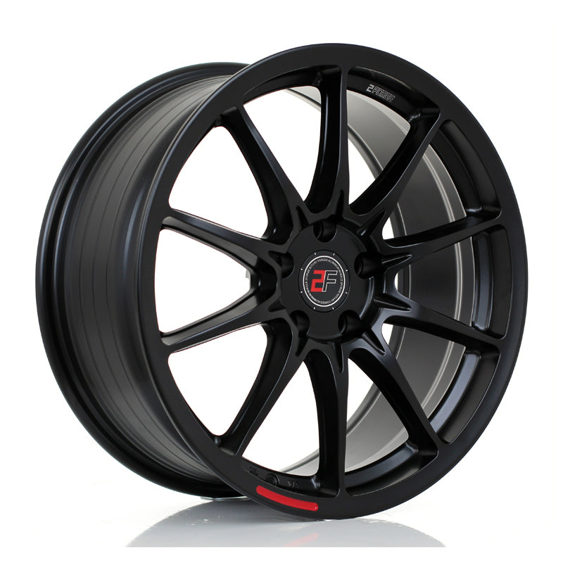 2Forge ZF8-R fully forged matte black wheels with multi-spoke design, shown at an angle highlighting the sleek finish and craftsmanship.