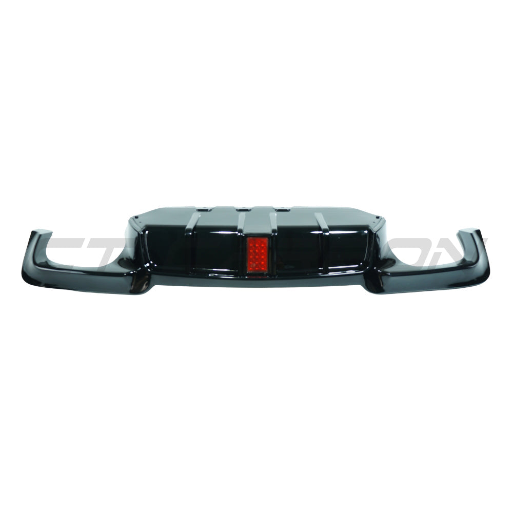 BMW 5 Series F10/F11 diffuser by CT Carbon in gloss black with quad tips and LED accents, designed for 2011-2017 models.