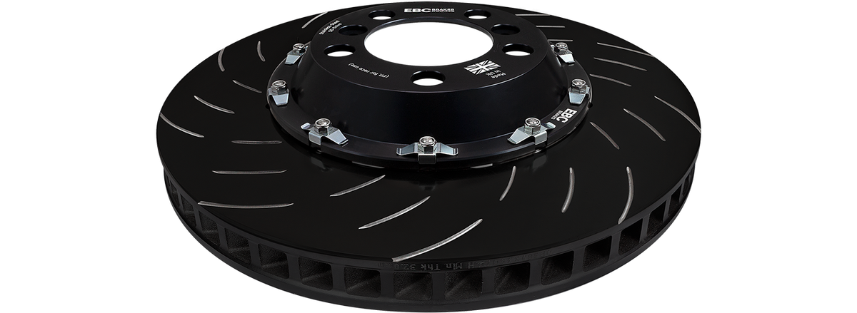 EBC RACING front 2-piece floating brake disc rotors for BMW M G Series models, shown in black with elevated design.