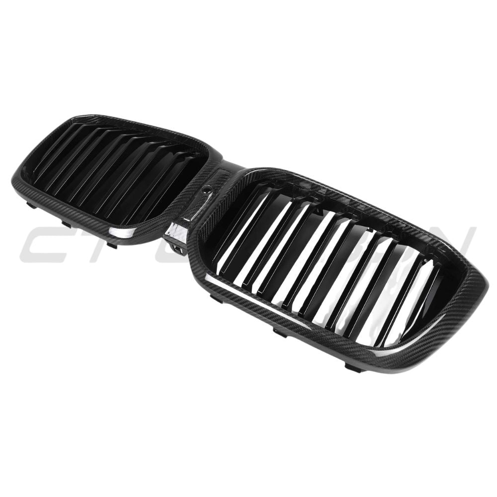 BMW G01/F97 X3 and G02/F98 X4 LCI 2022-2024 carbon fiber grille with double slats, designed for CT Carbon aftermarket upgrade.