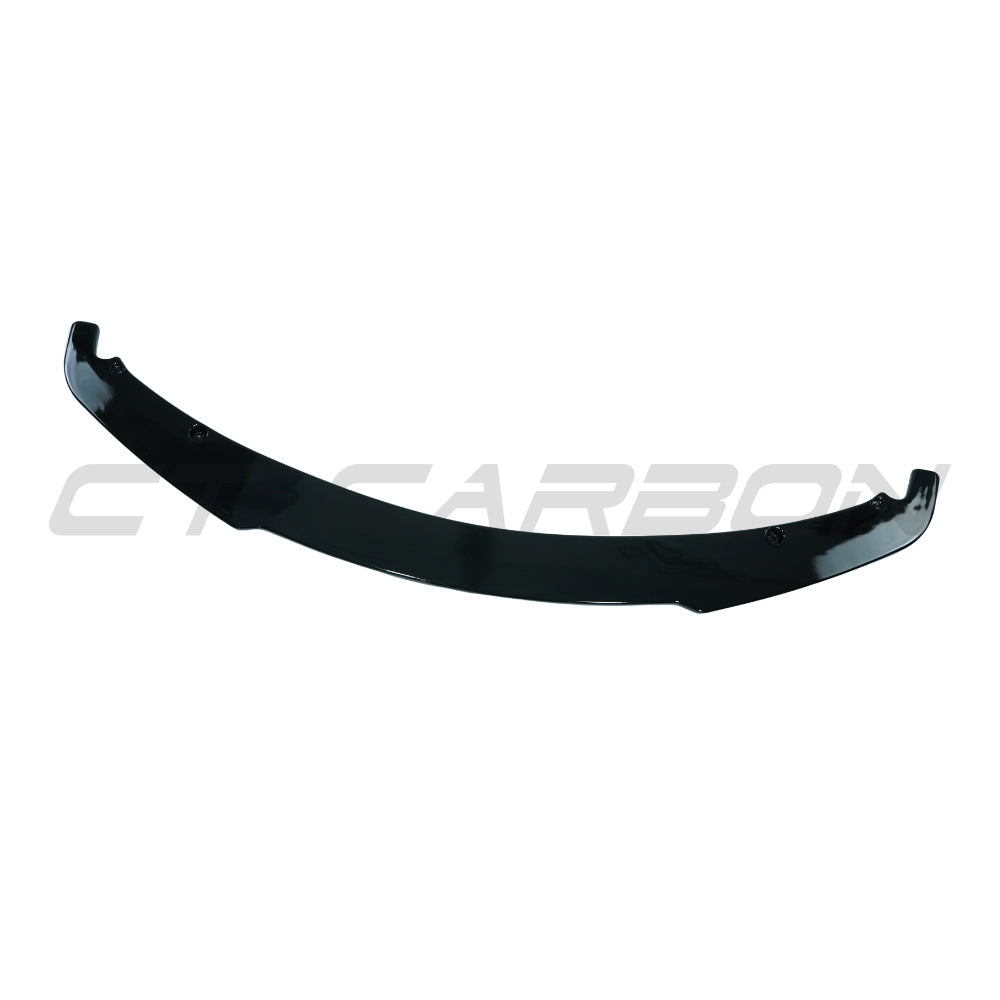 Gloss black CT Carbon splitter for BMW 3 Series E90/E91 2005-2011, shown installed on the front bumper.
