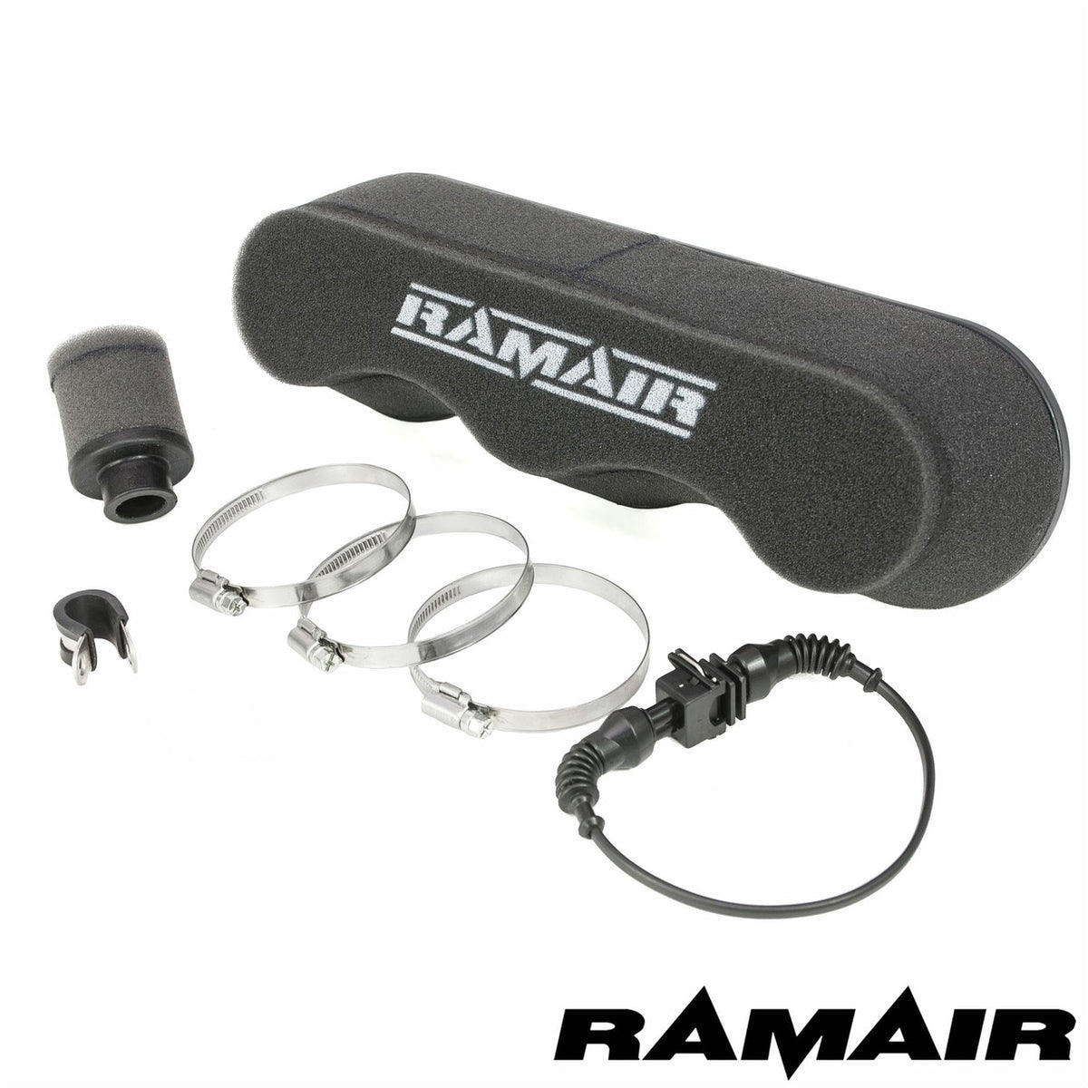 Ramair Triumph Rocket 3 air filter induction kit showing a high-performance air filter with branded Ramair logo and sleek design.