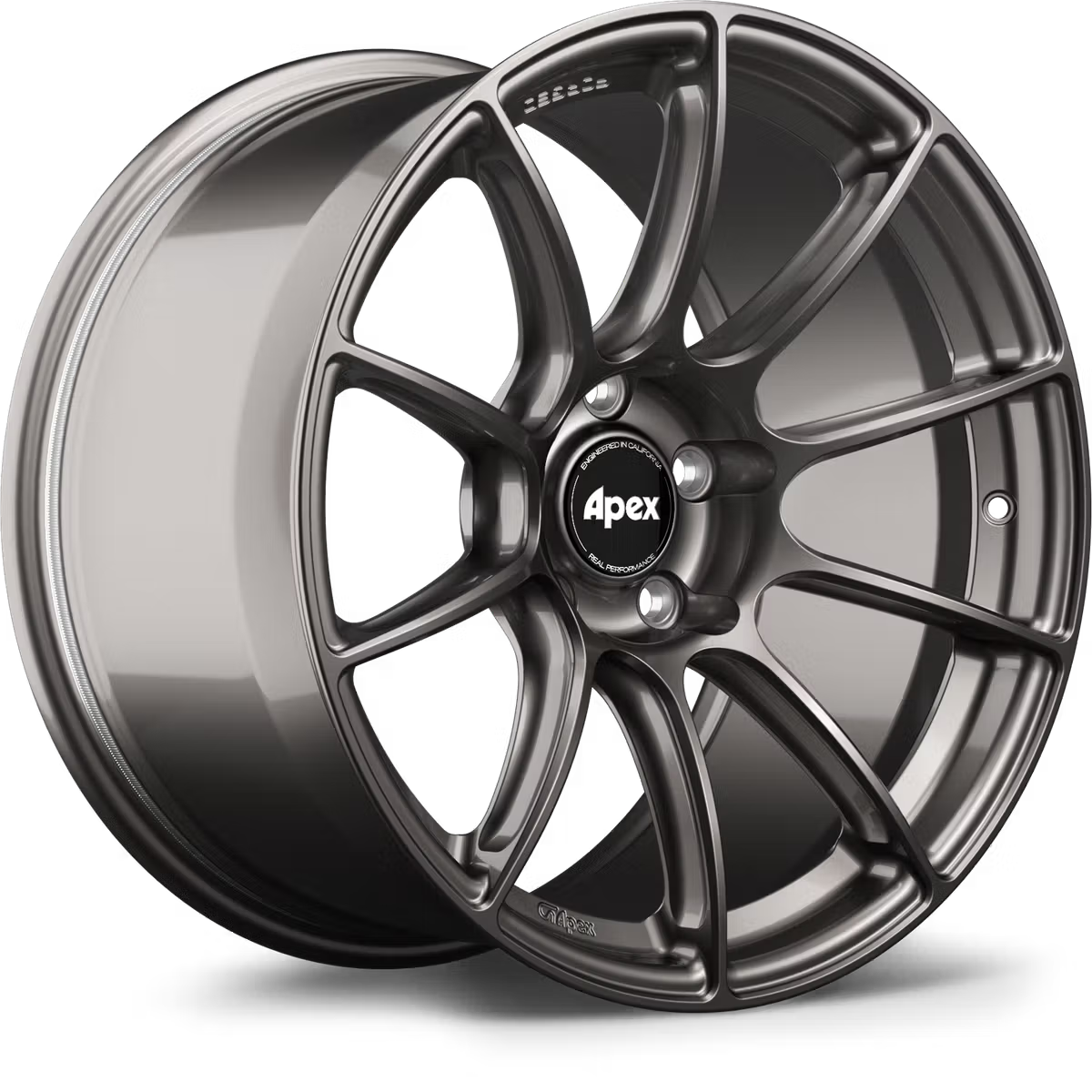 Apex SM-10RS forged alloy wheels with a sleek, multi-spoke design, mounted on a vehicle, showcasing their high-performance style.