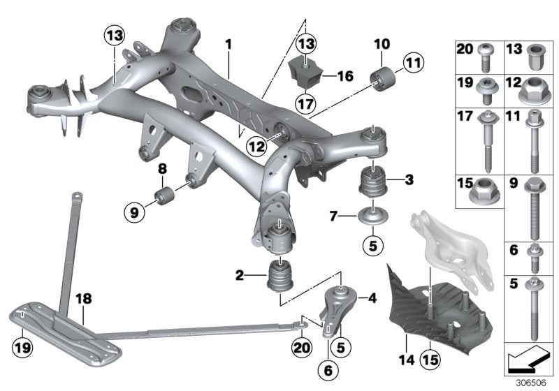 Genuine BMW push rod kit for Ultra Racing rear strut brace, includes left and right suspension components.
