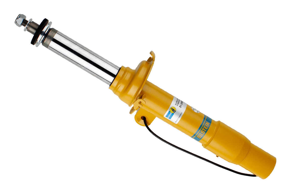 Bilstein B6 front right shock absorber for BMW M3 F80, M4 F82, M4 F83, showing the shock unit with branding and mounting details.